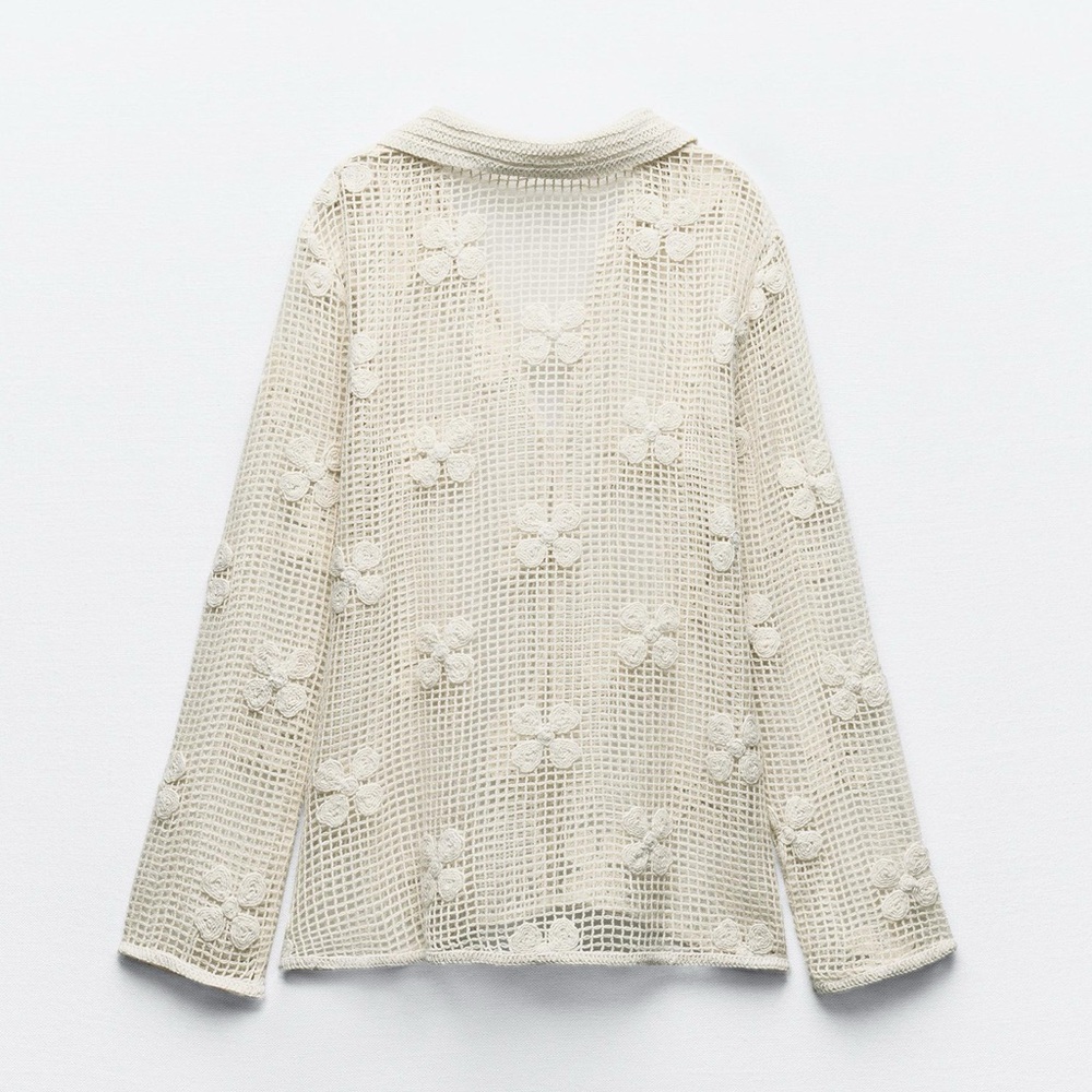 Zara Cream Crochet Open-Knit Buttoned Top and Pant Set - Picture 7 of 13